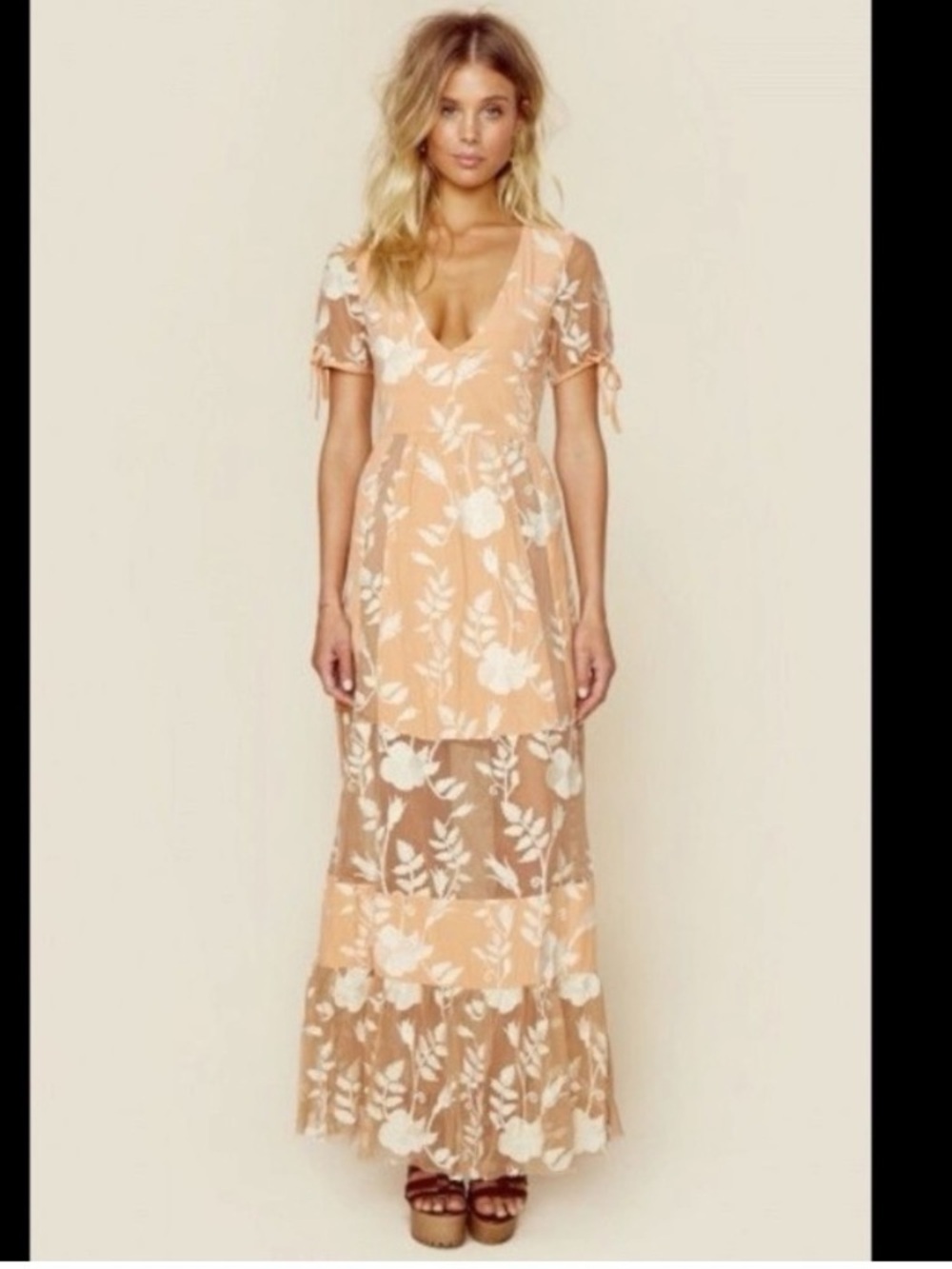 For Love & Lemons Mia Maxi Dress in Peach Floral Sheer Mesh Panels Size Medium - Picture 2 of 12